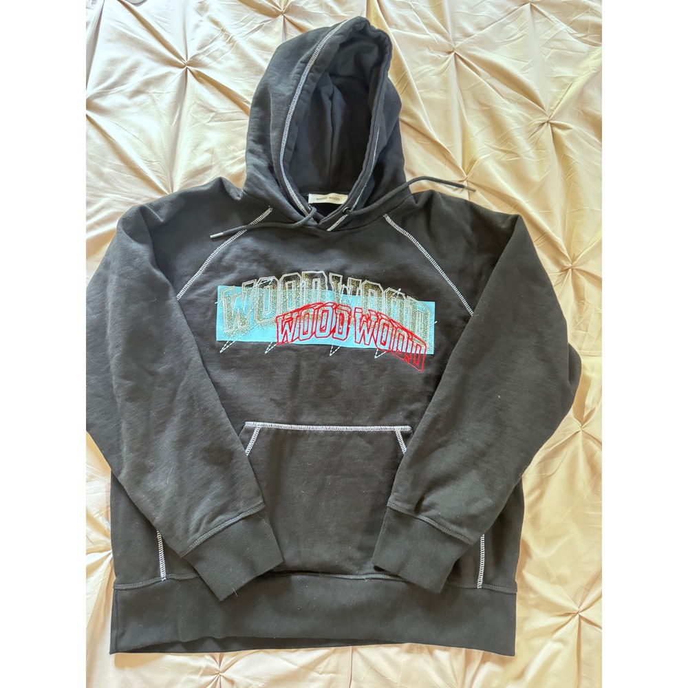 Wood Wood Black Graphic Hoodie Organic Cotton Contrast Stitch Sweatshirt Mens L